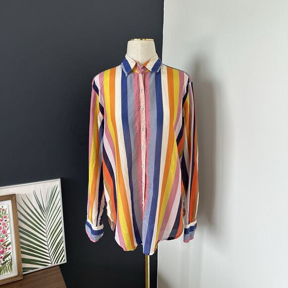XIRENA Women's Striped Silk Cotton Button Up Shirt Blouse Colorful Bright - Picture 3 of 11
